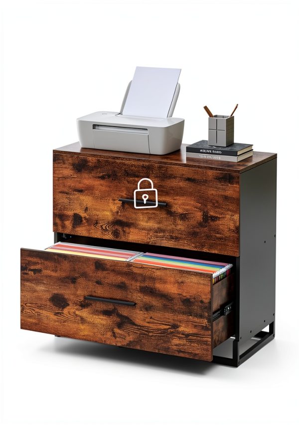 VASAGLE Lateral File Cabinet Rustic Brown + Ink Black-3