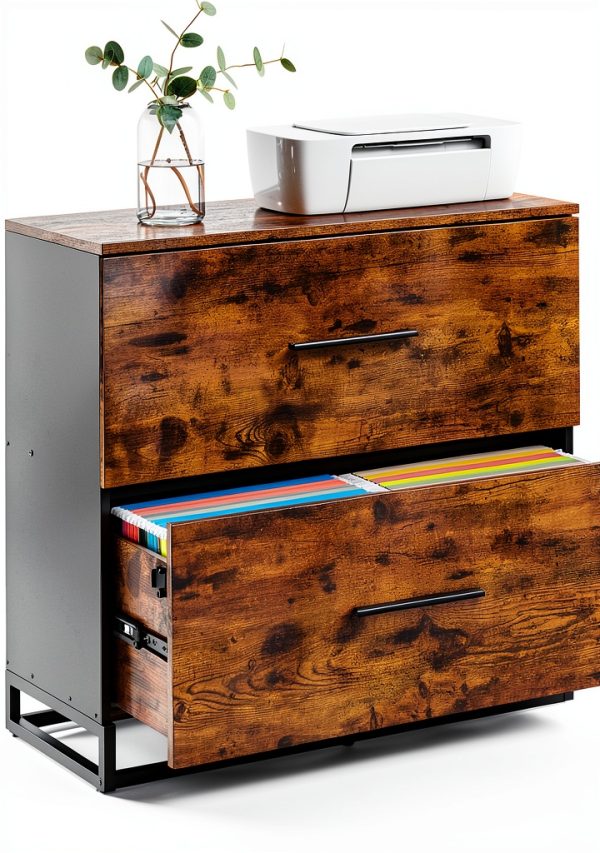 VASAGLE Lateral File Cabinet Rustic Brown + Ink Black-0